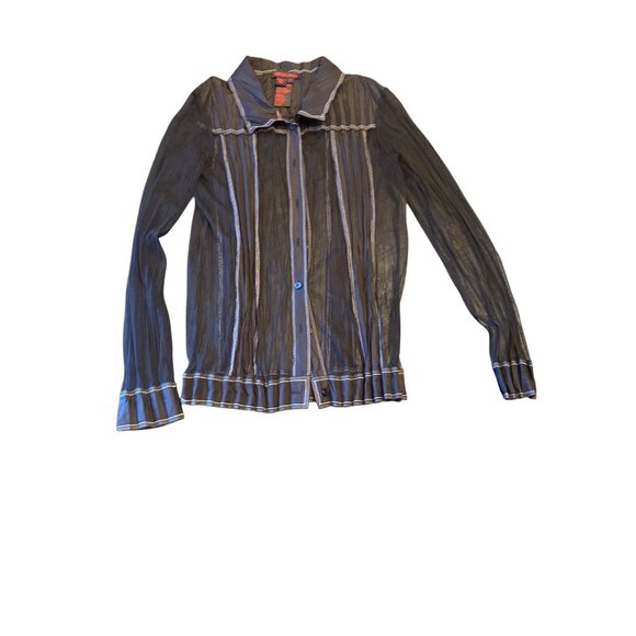 Simon Chang Sheer Black Striped Long Sleeve Button Down Shirt Size 8 Goth Witchy - Picture 1 of 4